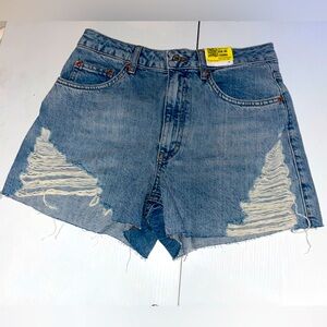 Topshop A-Line Distressed Denim Shorts Blue High Waisted Raw Hem Womens Size 6